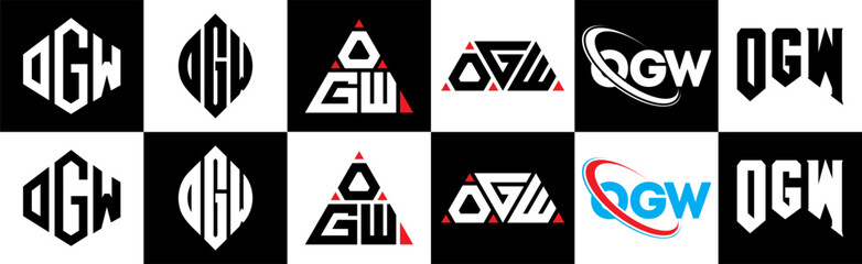 OGW letter logo design in six style. OGW polygon, circle, triaOGle, hexagon, flat and simple style with black and white color variation letter logo set in one artboard. OGW minimalist and classic logo
