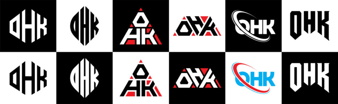 OHK letter logo design in six style. OHK polygon, circle, triangle, hexagon, flat and simple style with black and white color variation letter logo set in one artboard. OHK minimalist and classic logo