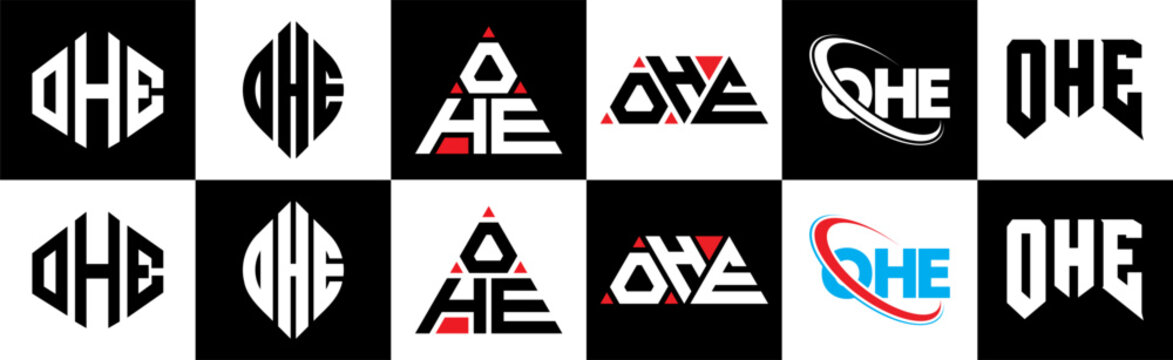 OHE letter logo design in six style. OHE polygon, circle, triangle, hexagon, flat and simple style with black and white color variation letter logo set in one artboard. OHE minimalist and classic logo