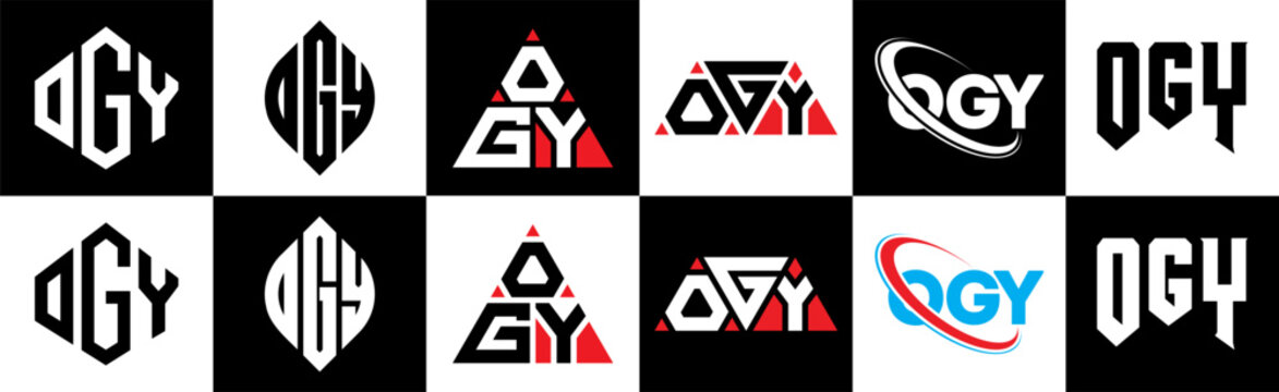 OGY letter logo design in six style. OGY polygon, circle, triaOGle, hexagon, flat and simple style with black and white color variation letter logo set in one artboard. OGY minimalist and classic logo