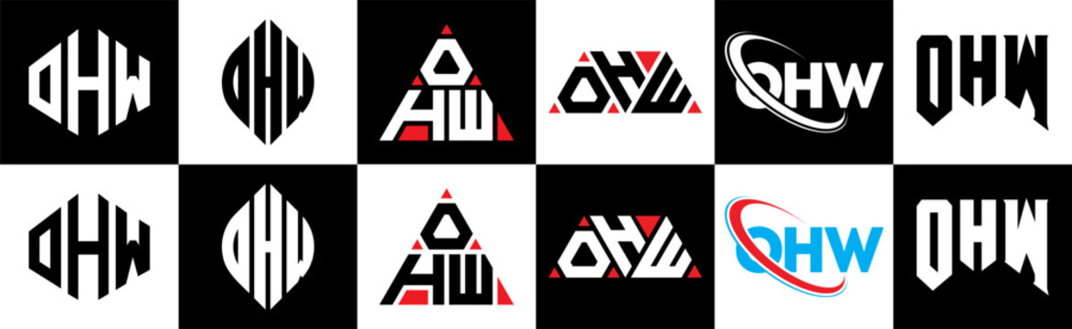 OHW letter logo design in six style. OHW polygon, circle, triangle, hexagon, flat and simple style with black and white color variation letter logo set in one artboard. OHW minimalist and classic logo