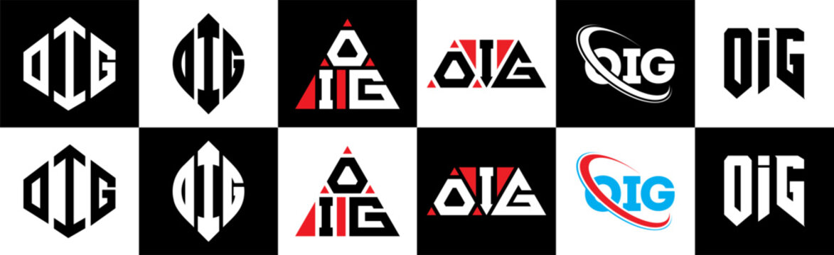OIG letter logo design in six style. OIG polygon, circle, triangle, hexagon, flat and simple style with black and white color variation letter logo set in one artboard. OIG miOImalist and classic logo
