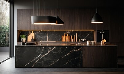 Contemporary kitchen with dark wooden cabinets, a marble island, and pendant lights casting warm tones over the sleek surfaces.