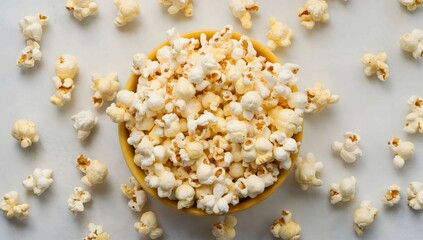 Top-Down View of a Yellow Bowl Overflowing with Fresh Popcorn on a White Background with Scattered Kernels