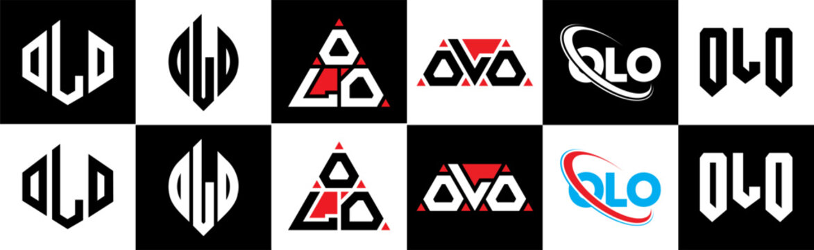 OLO letter logo design in six style. OLO polygon, circle, triangle, hexagon, flat and simple style with black and white color variation letter logo set in one artboard. OLO minimalist and classic logo