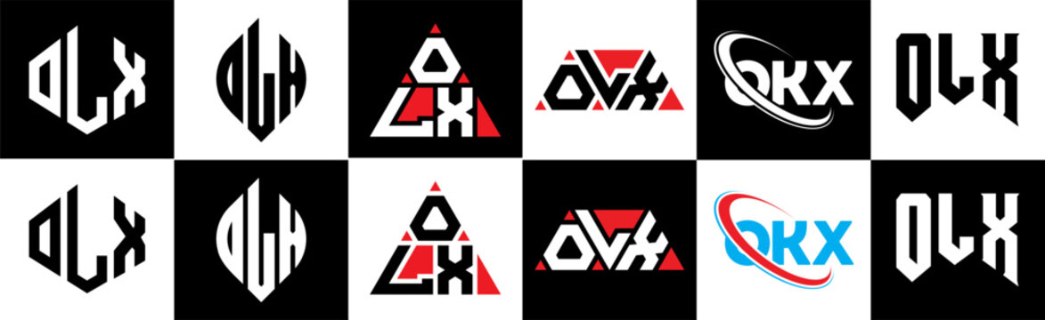 OLX letter logo design in six style. OLX polygon, circle, triangle, hexagon, flat and simple style with black and white color variation letter logo set in one artboard. OLX minimalist and classic logo