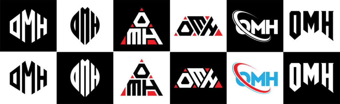 OMH letter logo design in six style. OMH polygon, circle, triangle, hexagon, flat and simple style with black and white color variation letter logo set in one artboard. OMH minimalist and classic logo