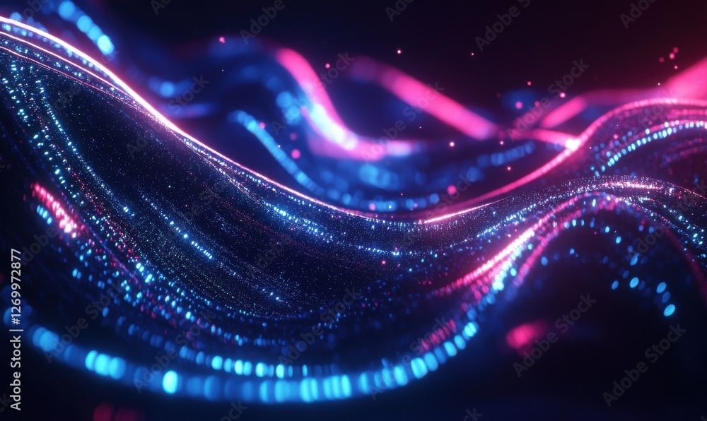 Poster abstract glowing lines forming a complex digital network, deep blue background with vibrant neon ton
