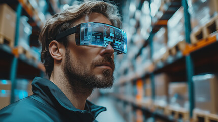 Man wearing high-tech glasses in a modern warehouse showcasing advanced technology and innovative logistics solutions