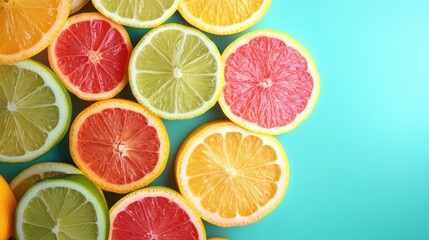 Fototapeta premium Vibrant assortment of citrus fruits including lemons, limes, grapefruits, and oranges beautifully arranged on a turquoise background.
