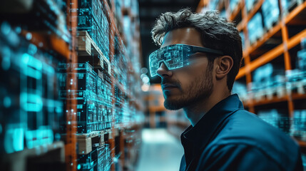 Warehouse worker uses augmented reality glasses for inventory management in modern storage facility