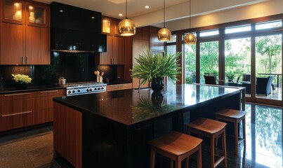Contemporary kitchen with sleek black countertops, dark wood cabinetry, and pendant lights casting golden hues.