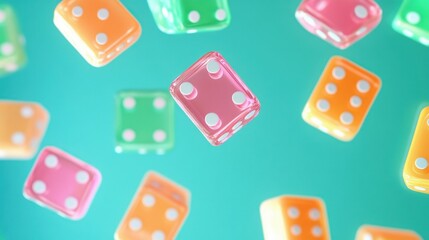 Colorful floating dice in vibrant hues of pink, orange, and green create a playful and dynamic atmosphere.