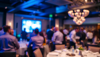 Fototapeta premium Blurred Corporate Event Reception - Reception area of a corporate event with attendees blurred in the background. Bussiness party