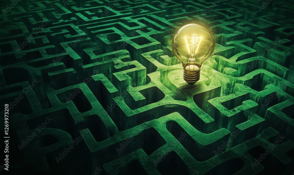 Poster abstract glowing maze with a light bulb at its center, deep green tones blending into a mysterious c