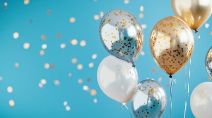 A festive arrangement of gold and white balloons with confetti against a bright blue background, perfect for celebrations and parties.