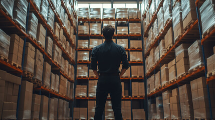 Warehouse manager analyzes inventory levels and organization in a large storage facility