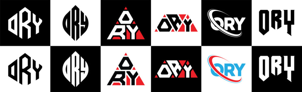 ORY letter logo design in six style. ORY polygon, circle, triangle, hexagon, flat and simple style with black and white color variation letter logo set in one artboard. ORY minimalist and classic logo