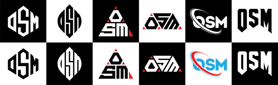 OSM letter logo design in six style. OSM polygon, circle, triangle, hexagon, flat and simple style with black and white color variation letter logo set in one artboard. OSM minimalist and classic logo