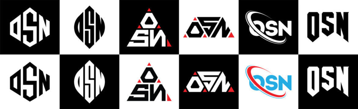 OSN letter logo design in six style. OSN polygon, circle, triangle, hexagon, flat and simple style with black and white color variation letter logo set in one artboard. OSN minimalist and classic logo
