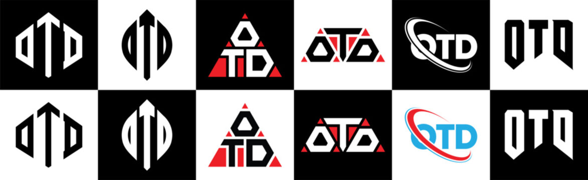 OTD letter logo design in six style. OTD polygon, circle, triangle, hexagon, flat and simple style with black and white color variation letter logo set in one artboard. OTD minimalist and classic logo