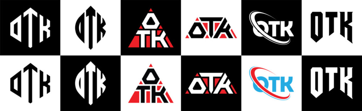 OTK letter logo design in six style. OTK polygon, circle, triangle, hexagon, flat and simple style with black and white color variation letter logo set in one artboard. OTK minimalist and classic logo