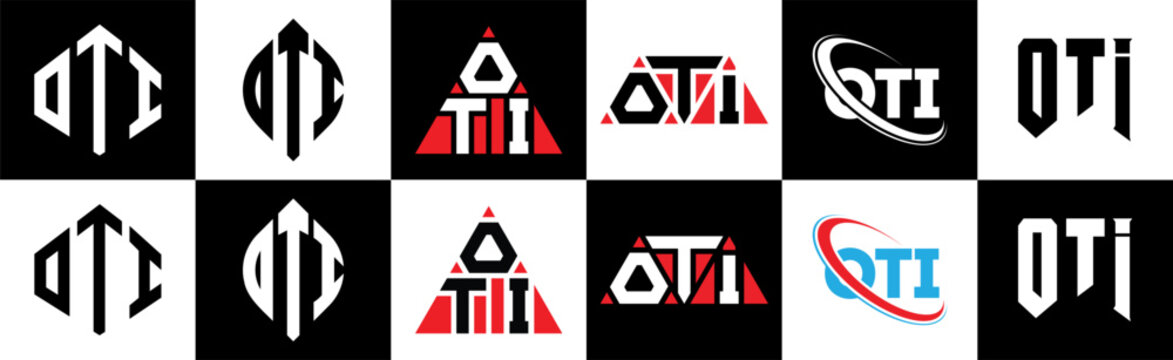 OTI letter logo design in six style. OTI polygon, circle, triangle, hexagon, flat and simple style with black and white color variation letter logo set in one artboard. OTI minimalist and classic logo