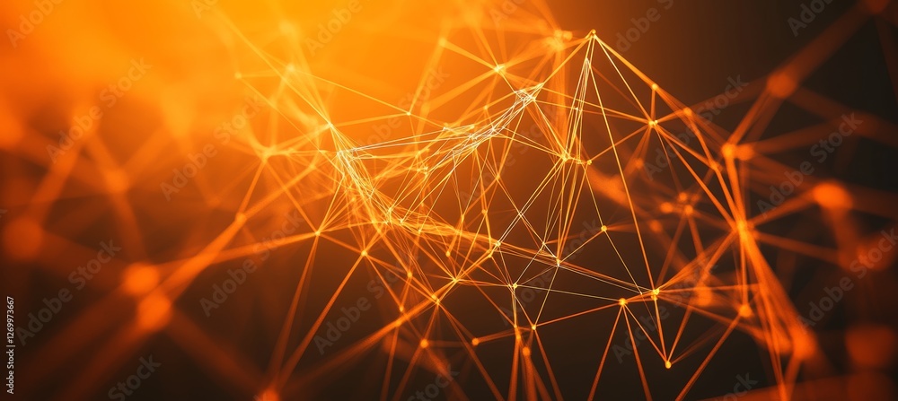 Poster abstract orange technology background with connected dots and triangles, global network concept.