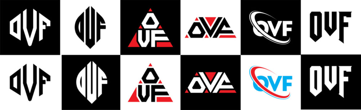 OVF letter logo design in six style. OVF polygon, circle, triangle, hexagon, flat and simple style with black and white color variation letter logo set in one artboard. OVF minimalist and classic logo