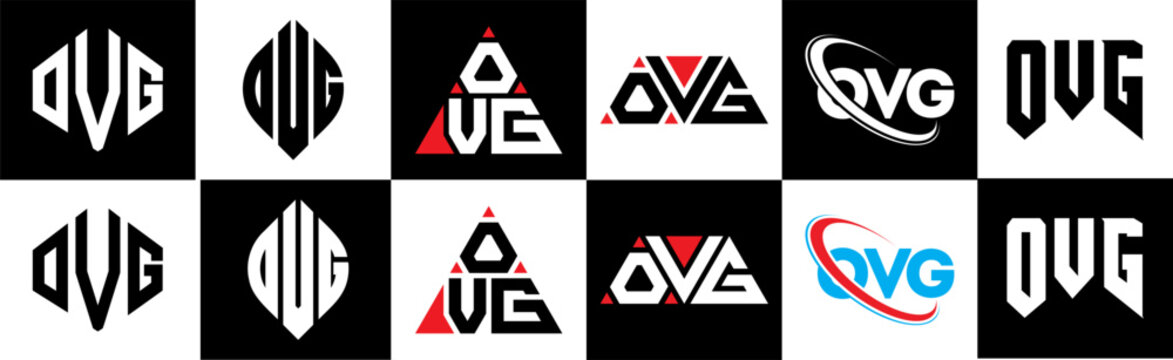 OVG letter logo design in six style. OVG polygon, circle, triangle, hexagon, flat and simple style with black and white color variation letter logo set in one artboard. OVG minimalist and classic logo