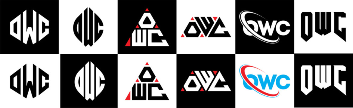 OWC letter logo design in six style. OWC polygon, circle, triangle, hexagon, flat and simple style with black and white color variation letter logo set in one artboard. OWC minimalist and classic logo