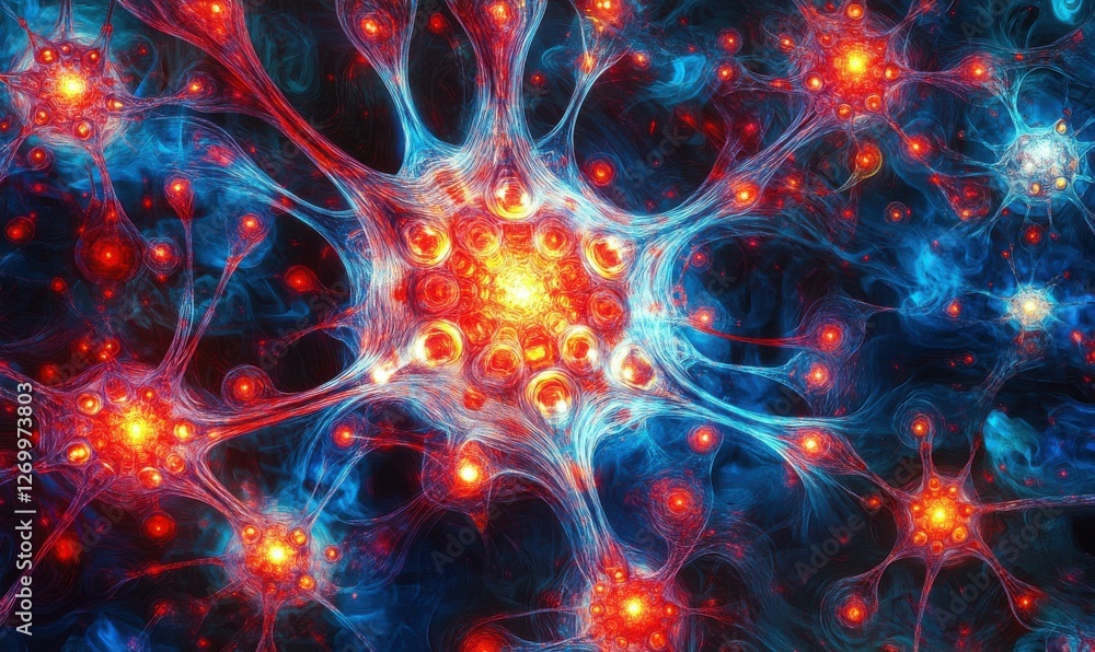 Poster abstract glowing neural network visualization with vibrant red and blue hues, intricate patterns for