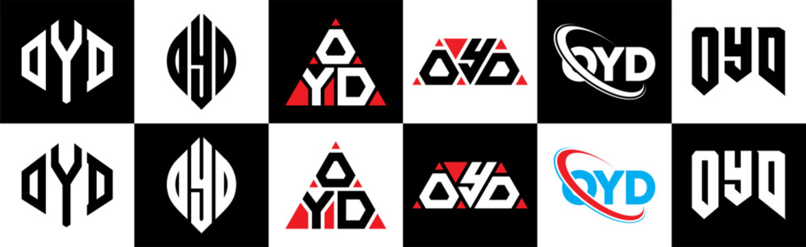 OYD letter logo design in six style. OYD polygon, circle, triangle, hexagon, flat and simple style with black and white color variation letter logo set in one artboard. OYD minimalist and classic logo