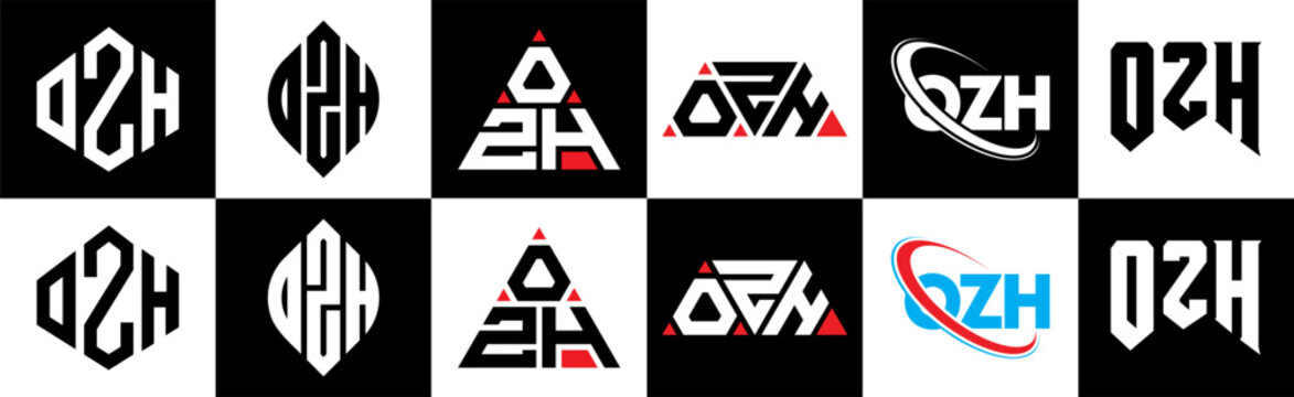 OZH letter logo design in six style. OZH polygon, circle, triangle, hexagon, flat and simple style with black and white color variation letter logo set in one artboard. OZH minimalist and classic logo