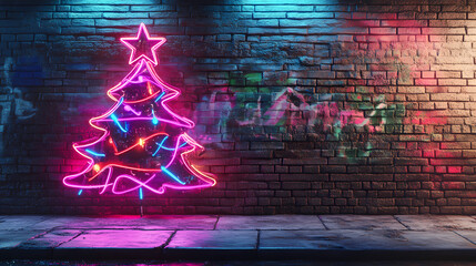 Neon christmas tree with vibrant lights against an urban graffiti wall, creating a festive and edgy holiday vibe. Neon Graffiti Spirits. Illustration