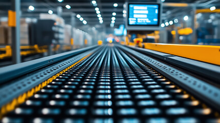 Fototapeta premium Conveyor belt transporting goods in a busy warehouse with modern technology and organized layout