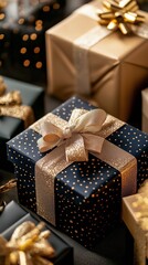 Stylish gift boxes wrapped in black and gold with decorative ribbons, perfect for festive occasions and celebrations.