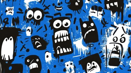 A vibrant blue background filled with expressive black and white cartoonish faces displaying various emotions, creating a lively and playful atmosphere.