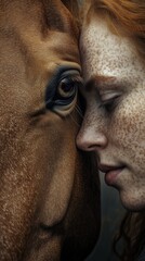 Obraz premium Intimate close-up of a woman and a horse, highlighting their deep connection and mutual trust through shared gaze.