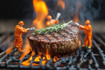 Miniature construction workers grilling a delicious steak on fire