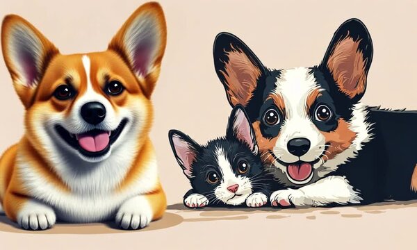 Cartoon corgi puppies, cute animal portrait, digital illustration, pet photo, adorable dogs