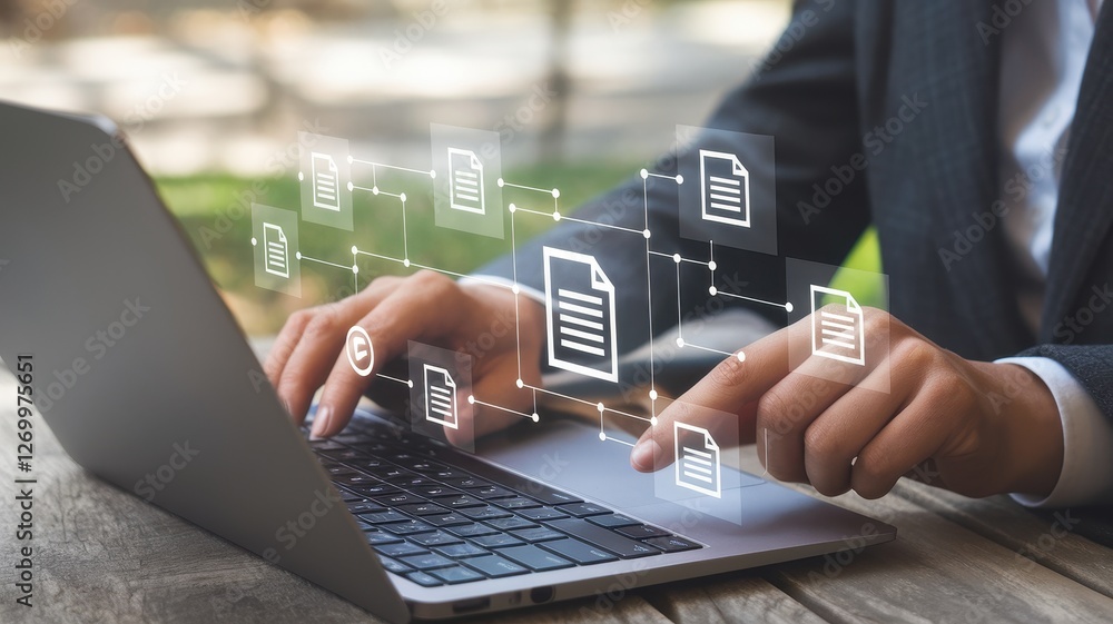 Poster hands typing on laptop with document icons overlaying the screen