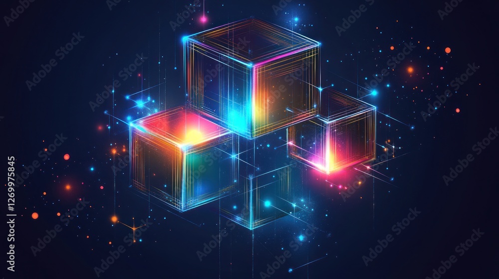 Poster abstract glowing cubes interconnected in a network of light and data