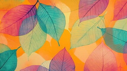 Obraz premium A vibrant composition of translucent leaves in various shades of turquoise, pink, and orange, creating a warm, abstract backdrop.