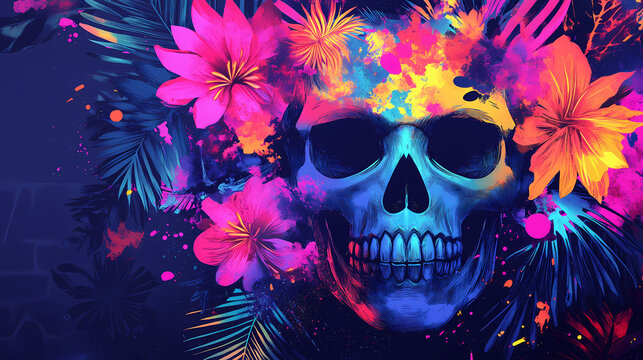 Punk-inspired skull illustration featuring neon floral patterns and bold graffiti textures in vibrant colors. Neon Graffiti Spirits. Illustration