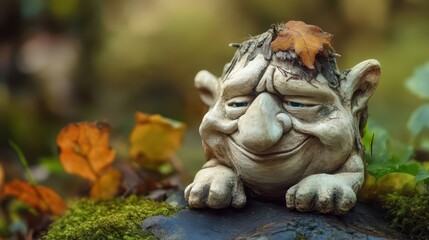 Obraz premium Charming garden gnome resting among autumn leaves