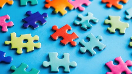 Obraz premium Colorful puzzle pieces scattered on a bright blue background create a cheerful and playful atmosphere.