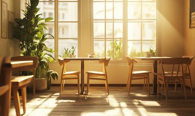 Obraz premium Cozy cafe interior with soft wooden furniture, bright sunlight streaming in through large windows, minimalist decor creating a serene atmosphere, warm tones