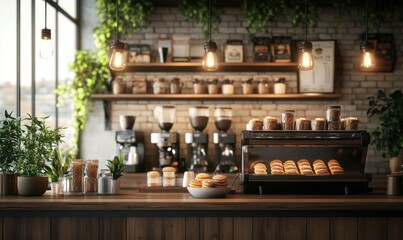 Cozy coffee shop interior with warm wooden tones, soft lighting, and neatly arranged pastries on the counte