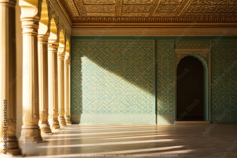 Poster sunlight streams through columns, casting elegant shadows agains